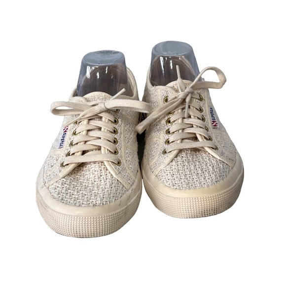 Superga 2750 Woven Plimsoll Trainers Womens 41 Round Toe Lace Up Cream Fabric - Picture 2 of 11